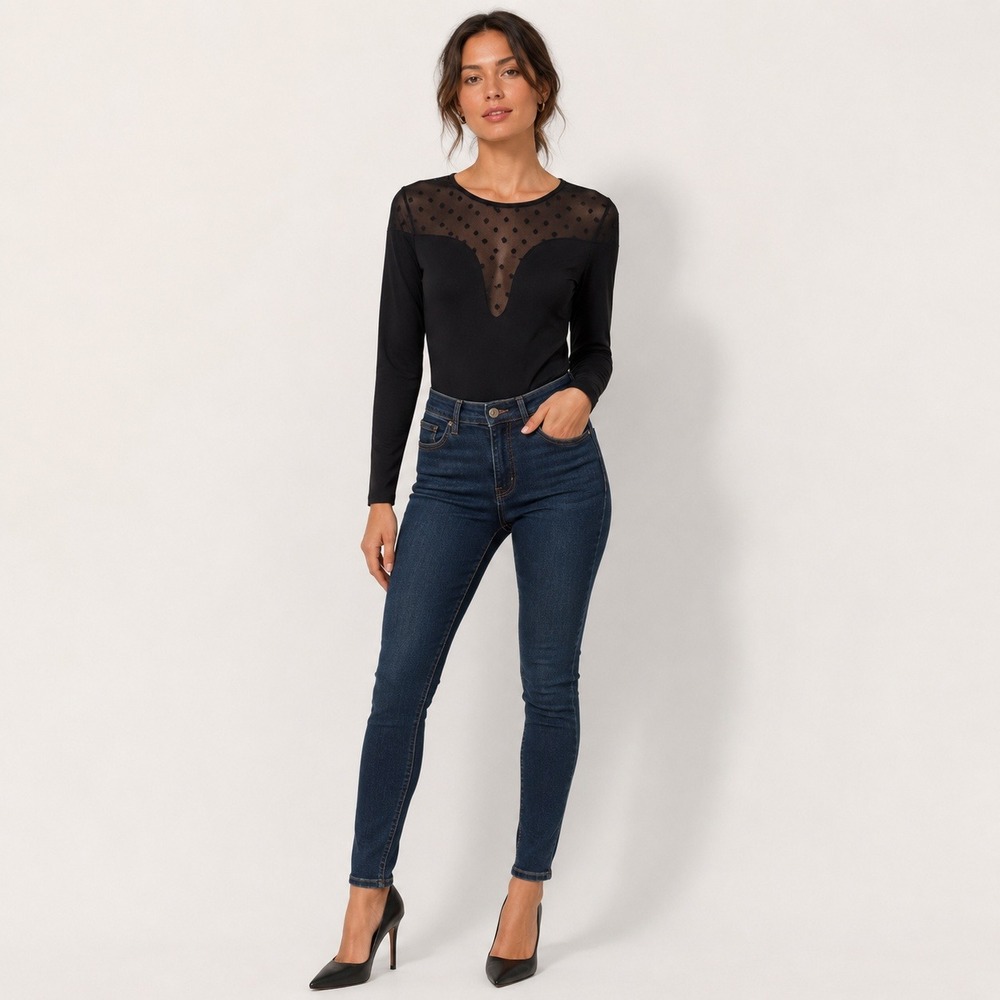 Express Edition Bodysuit Women M Black Mesh Swiss Dot Long Sleeve Dark Academia